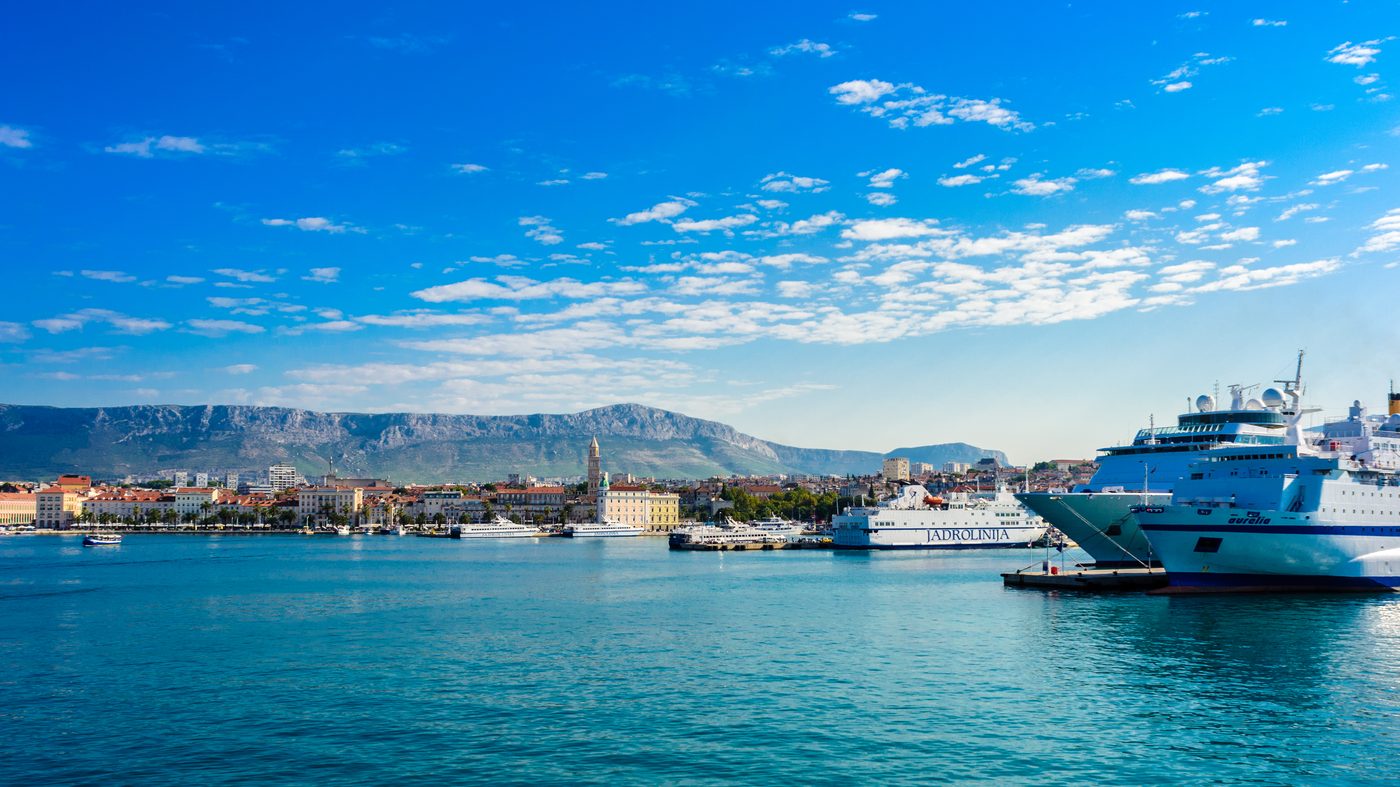 Jadrolinija car ferries lined up at the Split ferry port — the hub of every Dalmatian island trip
