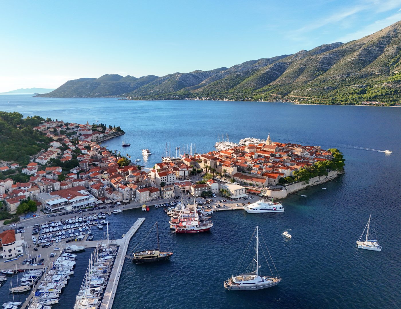 Korčula Old Town walls and red-roofed peninsula jutting into the Adriatic