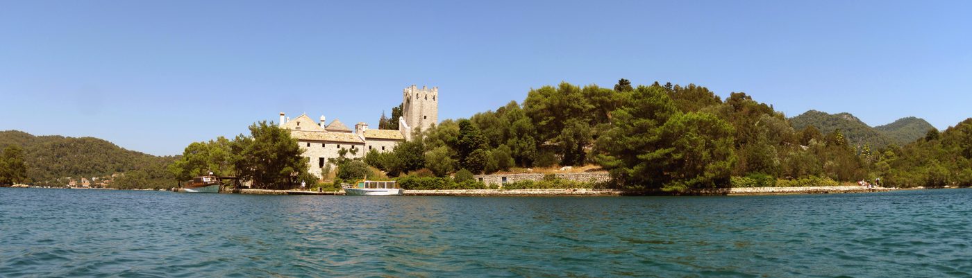 Veliko jezero — the salt lake in Mljet National Park with a Benedictine islet