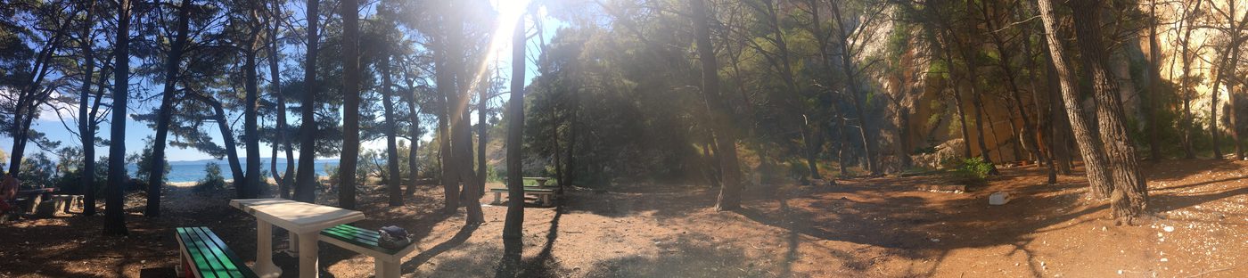 Pinjeskygge over en lille bugt på Makarska Riviera