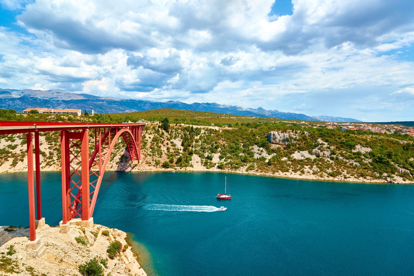 The Maslenica bridge on the A1 motorway — the dramatic drop from the Velebit ridge to the Adriatic