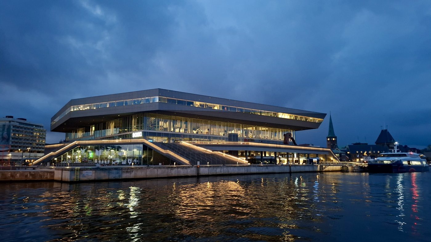 Aarhus harbour with Dokk1 library and a Samsø passenger ferry