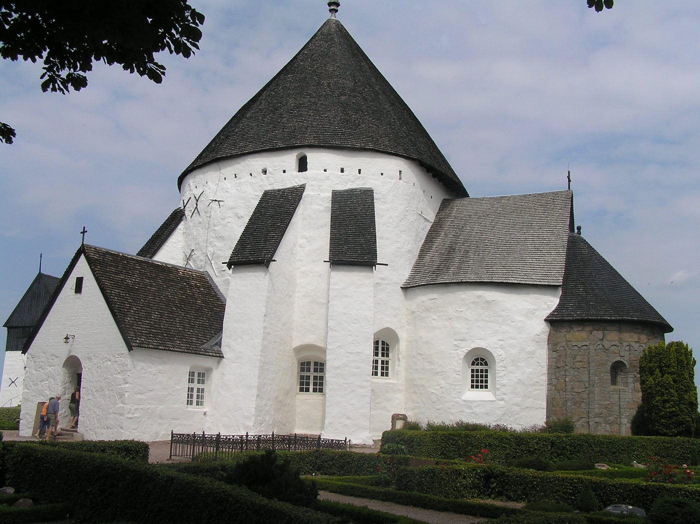 Østerlars round church — whitewashed three-storey 12th-century fortress-church on Bornholm