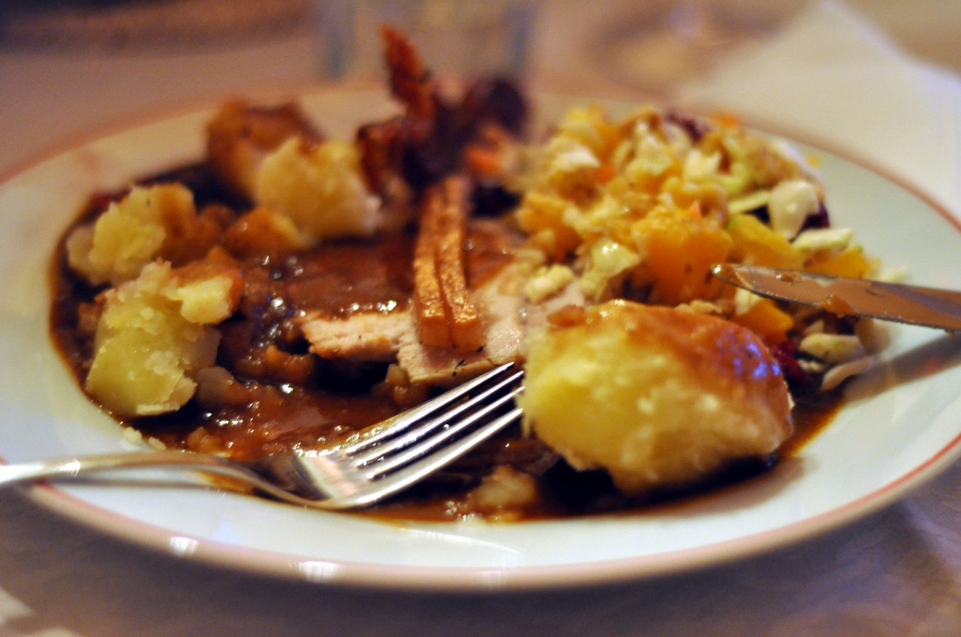 Flæskesteg — Danish roast pork with crackling, served with potatoes and white cabbage salad