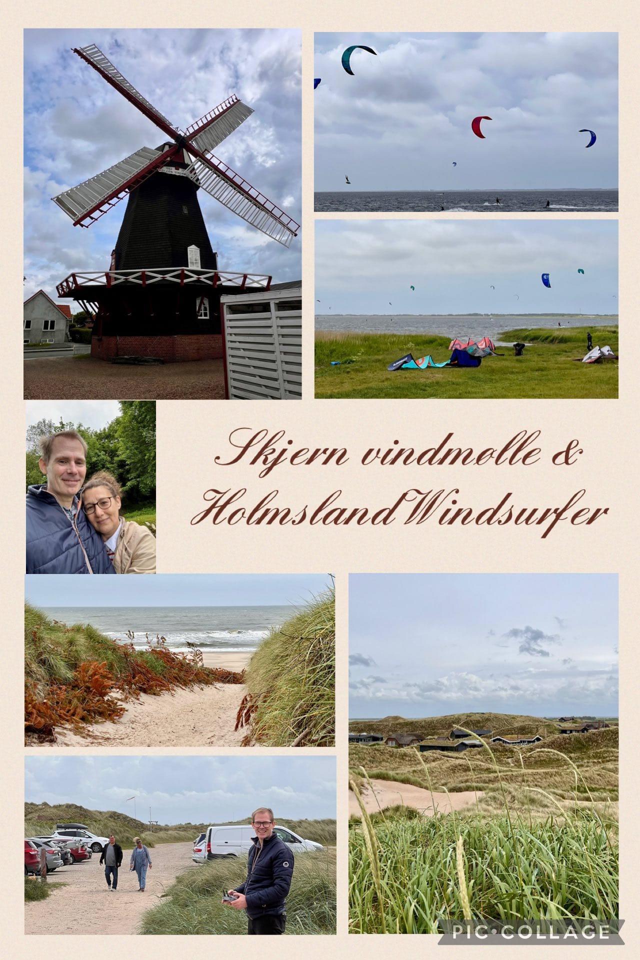 Skjern windmill and kitesurfers at Holmsland Klit — the wind defines the west coast