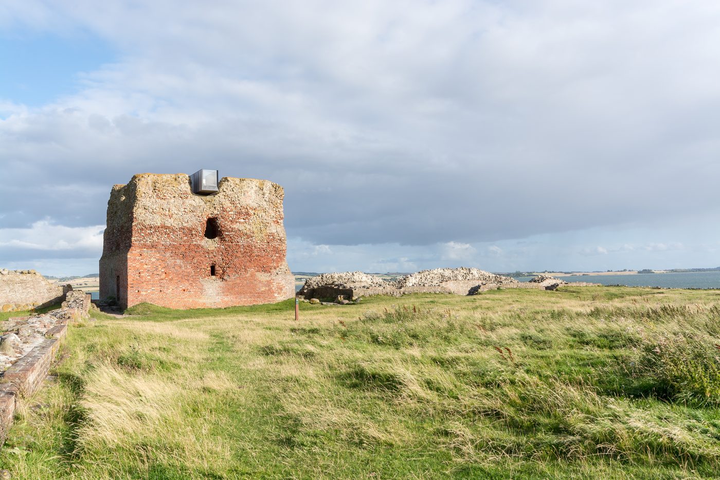 Kalø Castle ruins on the small island in Kalø Vig bay — single defensive tower and curtain wall remains, reached by stone causeway