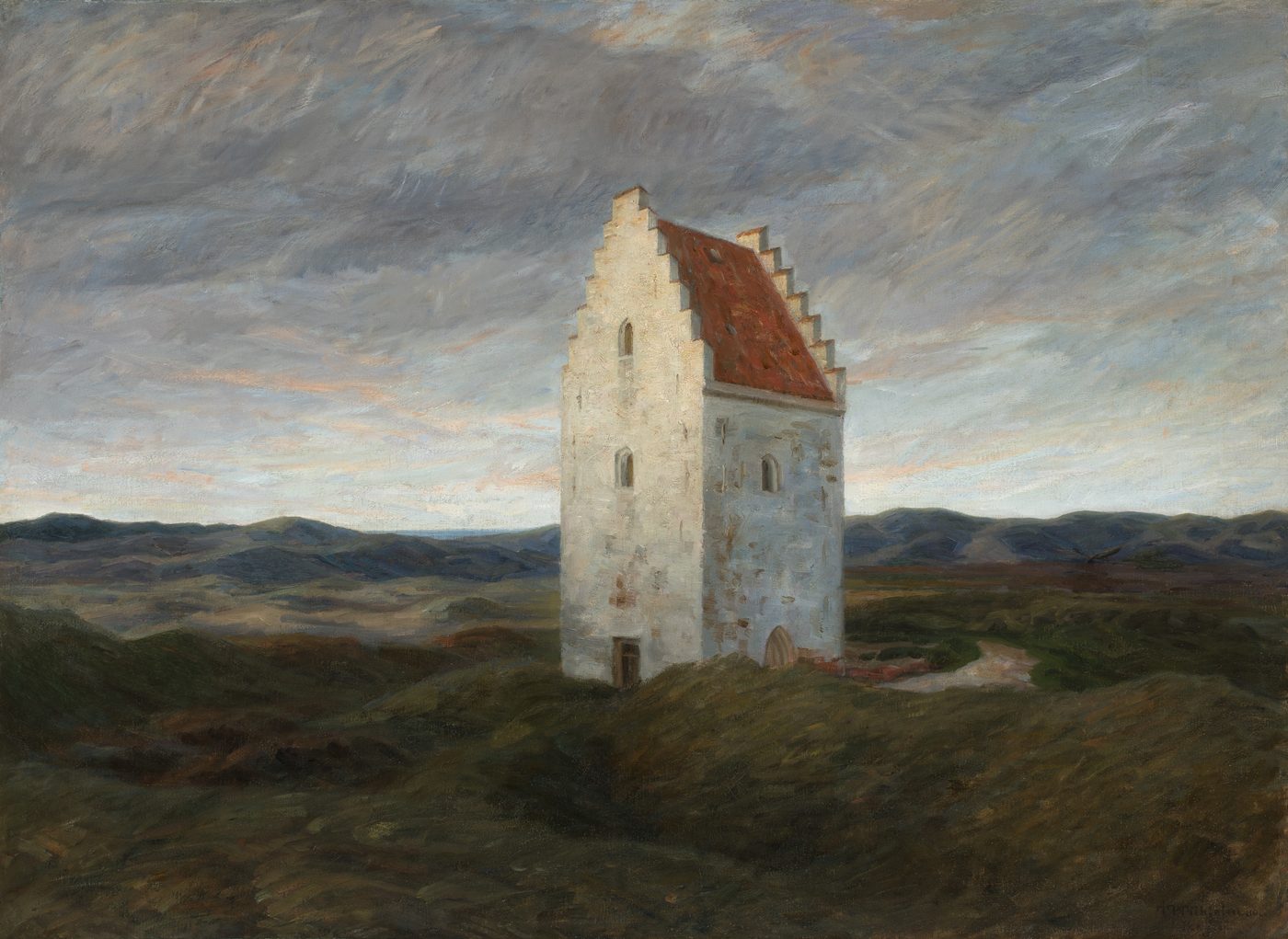 Johannes Wilhjelm — Skagens gamle kirke. Nat (1910). A night-scene painting of the buried church tower in moonlight, from the Skagens Kunstmuseer collection.