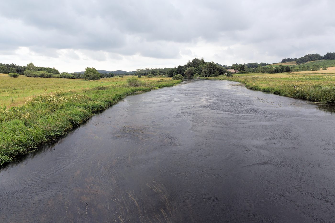 The Gudenå river winding through summer green banks, smooth dark water under a soft Danish sky